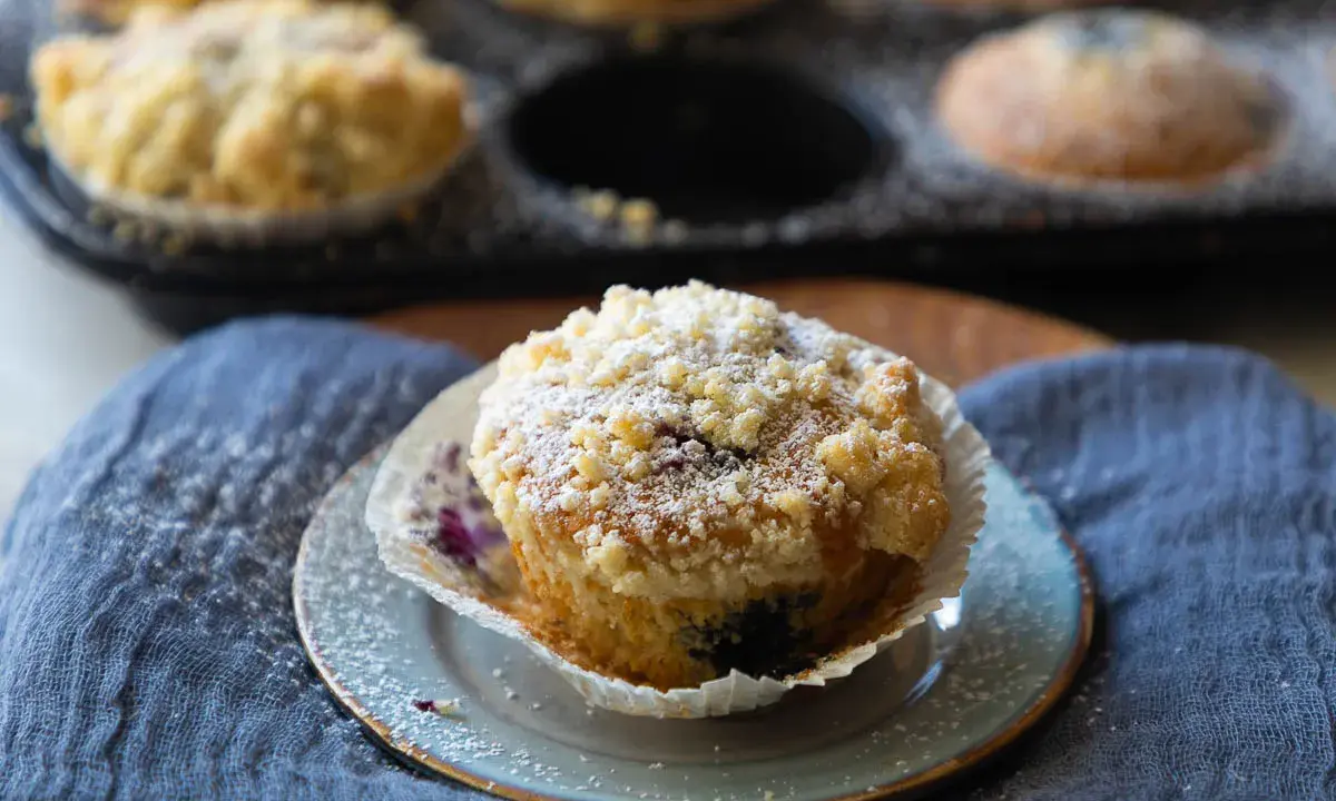 Saftige Blaubeermuffins mit Joghurt und Streuseln, bestäubt mit Puderzucker.