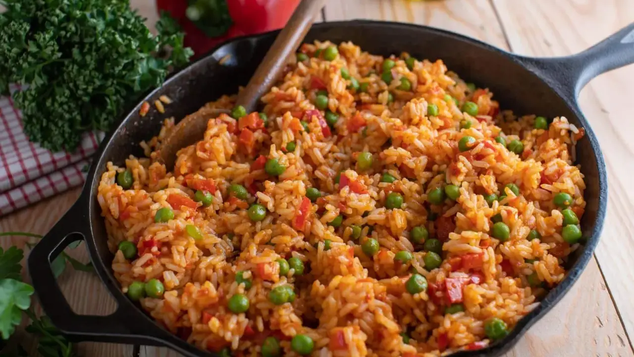 Djuvec Reis mit Erbsen und Paprika in einer Gusseisenpfanne, bereit zum Servieren.