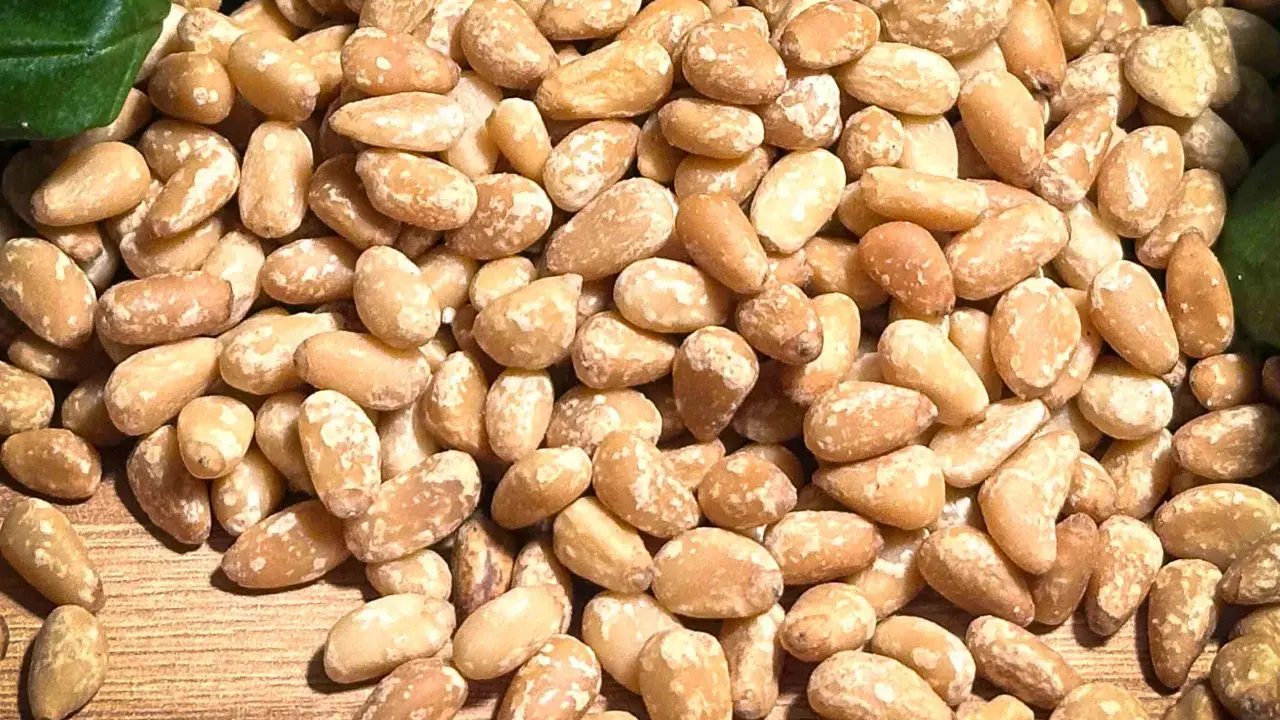 Ein Haufen Pinienkerne, die zeigen, dass Pinienkerne gesund sind. Sie sind eine gute Quelle für Nährstoffe und gesunde Fette.