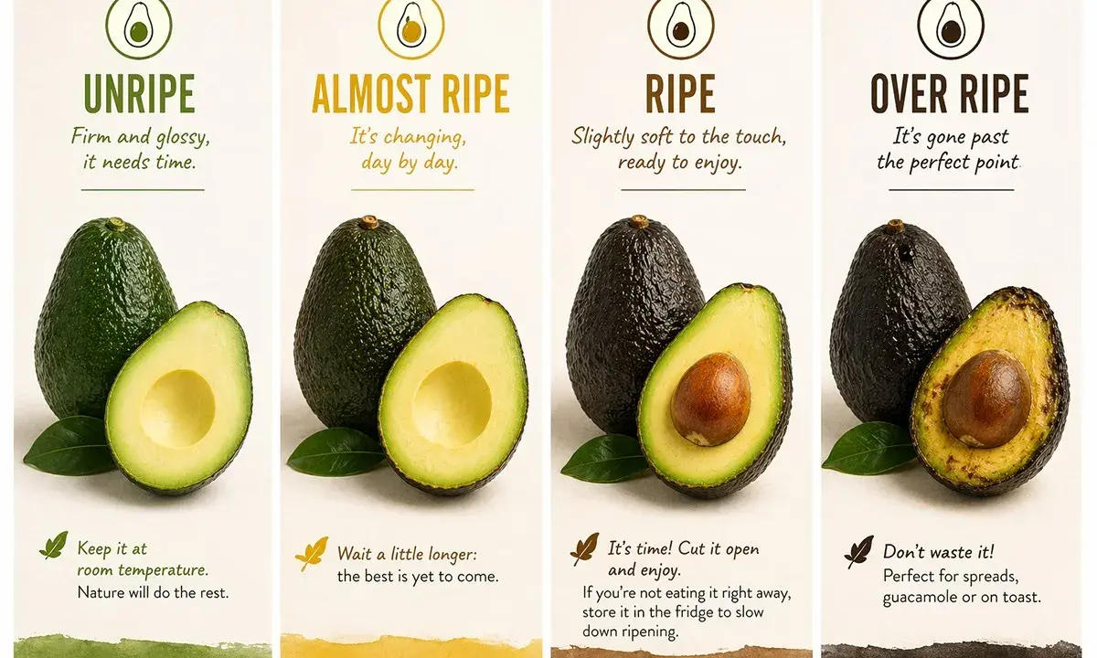 Avocados in verschiedenen Reifestadien: unreif, fast reif, reif und überreif. Tipps, wie man Avocados reifen lassen kann.