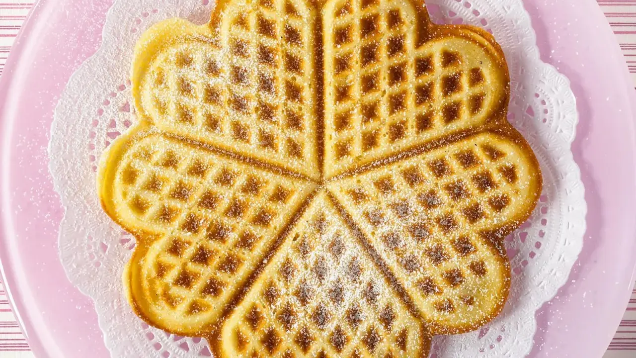 Herzförmige Waffeln ohne Ei, bestäubt mit Puderzucker, auf einem rosa Teller mit Spitzendeckchen.