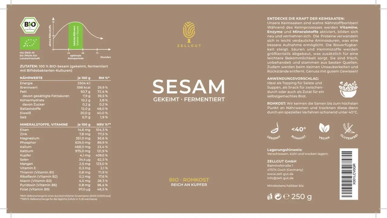 Bio-Sesam (gekeimt, fermentiert) ist gesund. Reich an Kupfer, Eisen und Vitaminen. Perfekt für Salate, Suppen oder Brot.