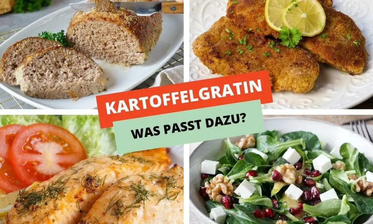 Vier Bilder zeigen Gerichte: Hackbraten, Schnitzel, Lachs und Salat. Was passt zu Kartoffelgratin vegetarisch?