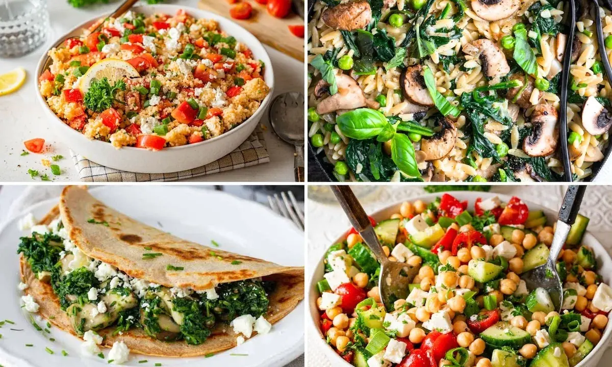 Vier leckere Gerichte: Couscous-Salat, Nudelpfanne mit Pilzen, gefüllter Crêpe und Kichererbsensalat. Perfekt für gesund kochen rezepte!