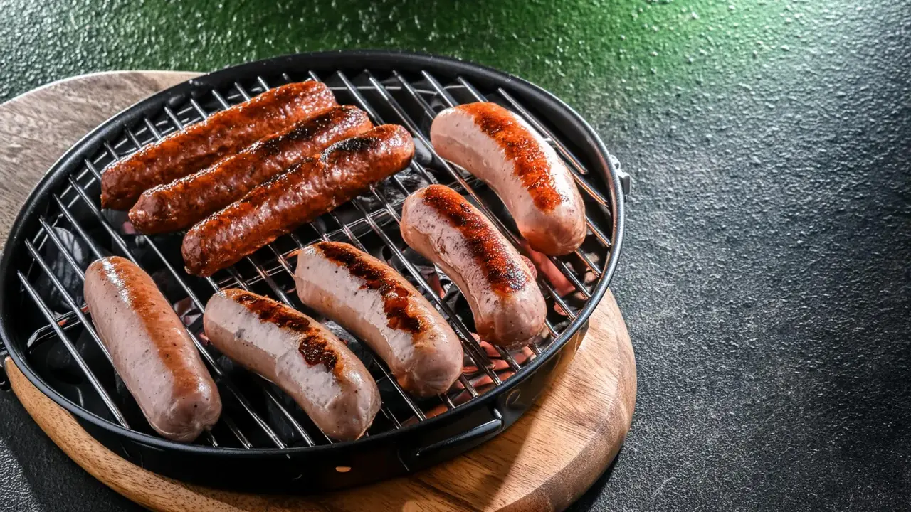 Mehrere Bratwürste brutzeln in der Pfanne auf einem Grill.