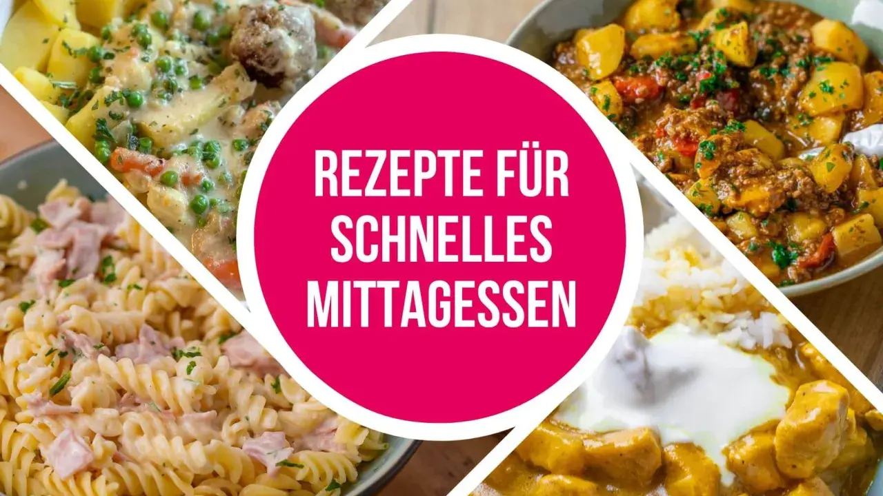 Vier leckere Gerichte für ein schnelles Mittagessen: Frikadellen mit Kartoffeln, Gulasch, Nudeln mit Schinken und Curry.
