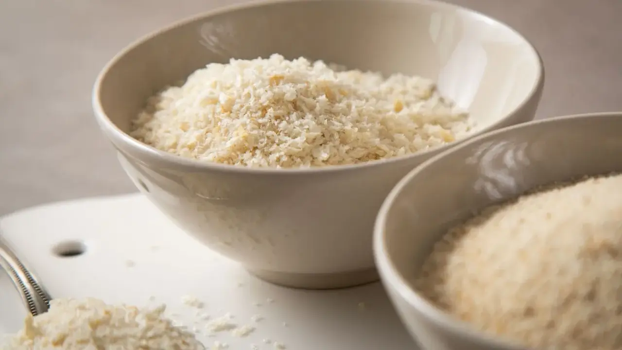 Zwei Schalen mit Paniermehl. Der sichtbare Unterschied zwischen Panko und normalem Paniermehl wird hier deutlich.