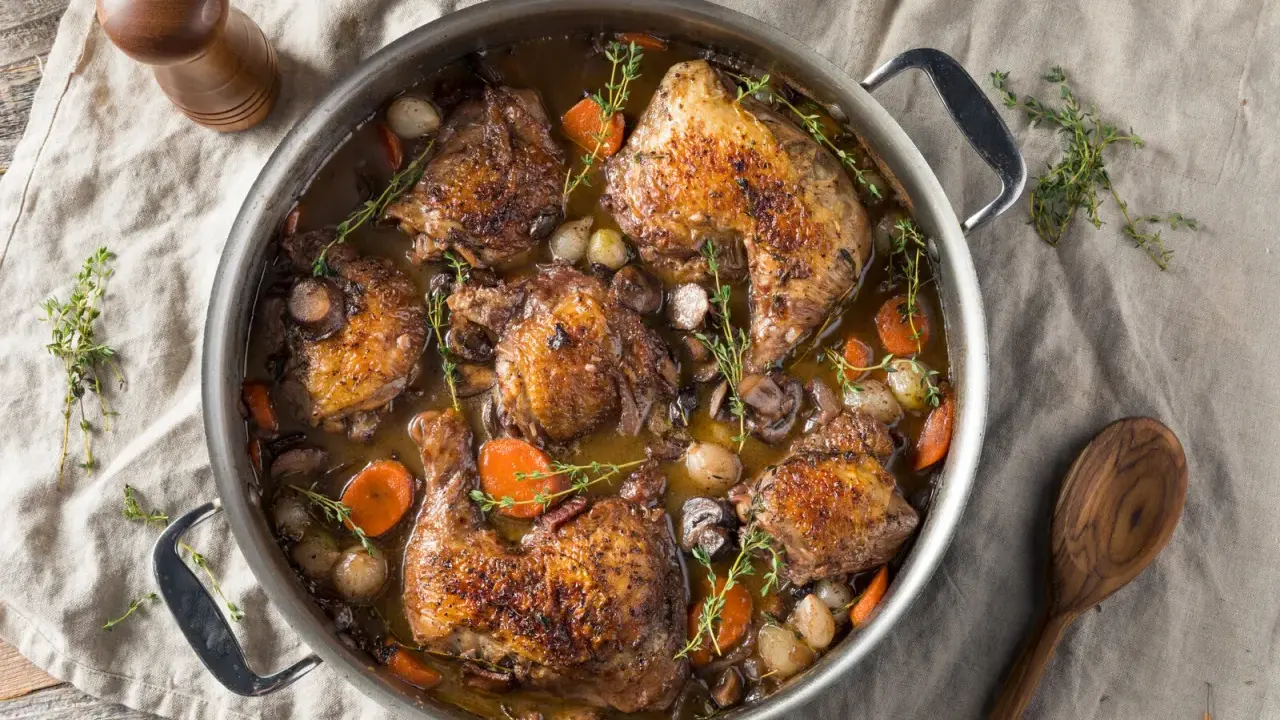 Herzhaftes Coq au Vin Rezept Original: Hähnchenteile schmoren in Rotwein mit Karotten, Zwiebeln und Pilzen. Ein Klassiker!