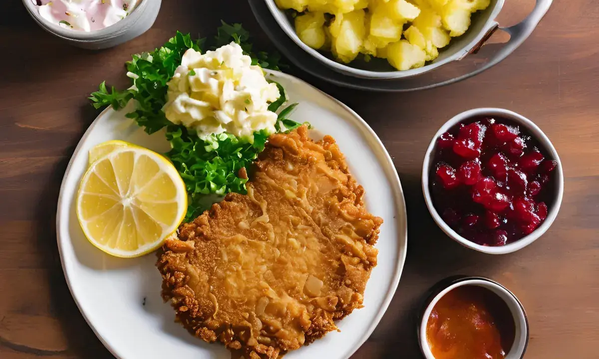 Ein knuspriges Wiener Schnitzel mit Preiselbeeren, Kartoffelsalat und Zitrone auf einem Teller. Daneben eine Schüssel mit Kartoffeln und eine kleine Schale mit Sauce.