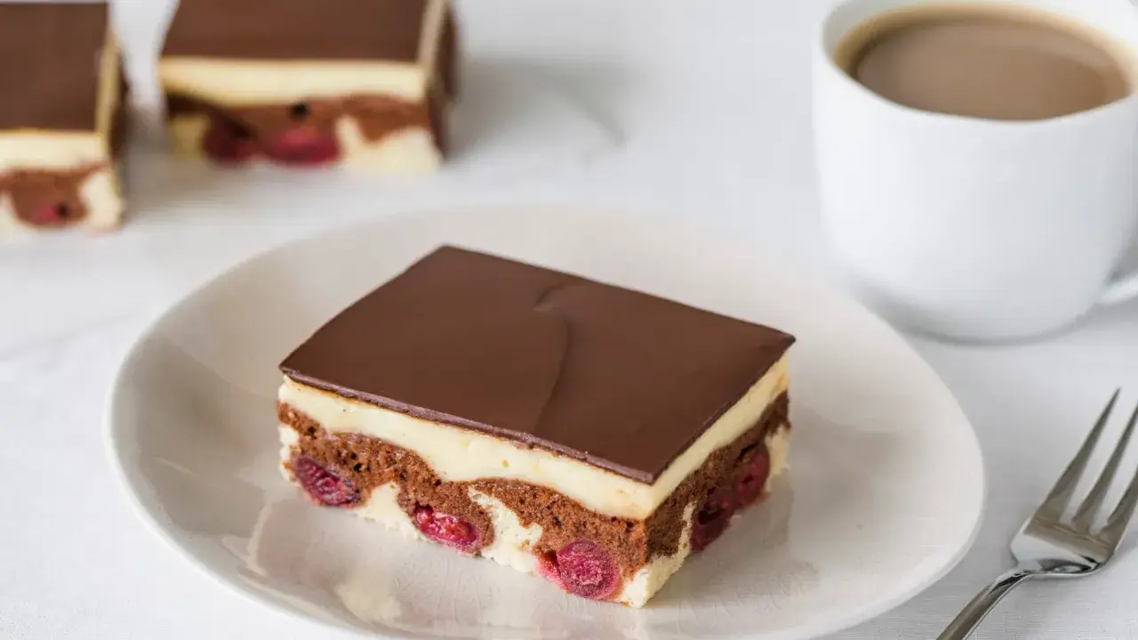Ein Stück Donauwelle-Kuchen mit Kirschen, Schokolade und Vanillecreme. Perfekt für ein Donauwelle Rezept.