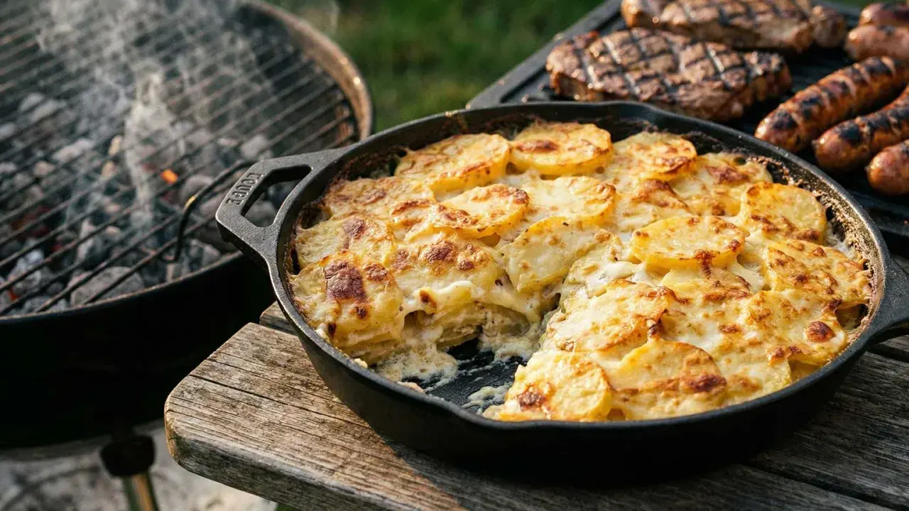 Herzhaftes Kartoffelgratin im Gusseisen, perfekt für ein Grillfest. Ein köstliches Kartoffelgratin Rezept, das zu Steaks und Würstchen passt.