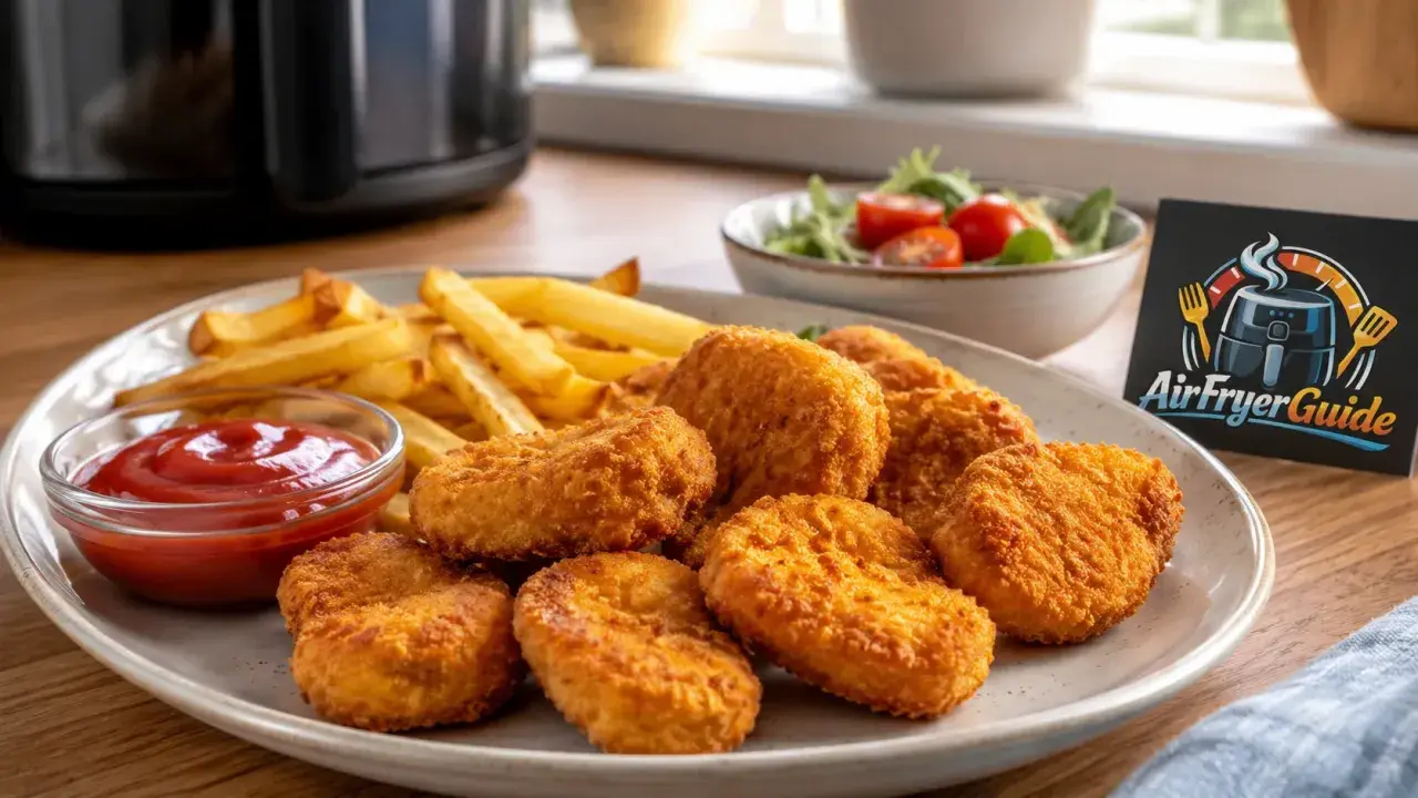 Knusprige chicken nuggets mit Pommes und Ketchup, perfekt aus der Heißluftfritteuse.