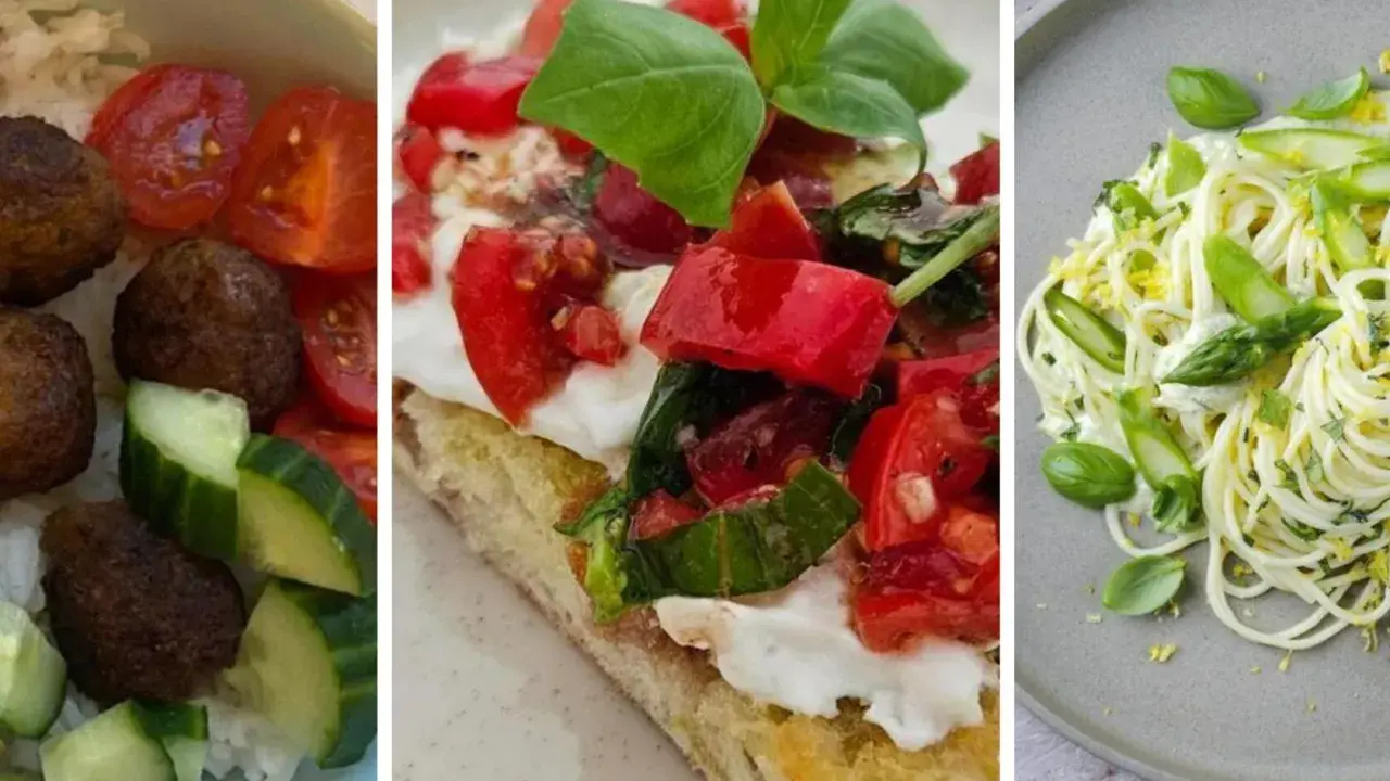 Leckeres Essen bei warmen Wetter: Hackbällchen mit Reis und Gurke, Bruschetta mit Tomaten und Mozzarella, Spaghetti mit Spargel und Zitrone.