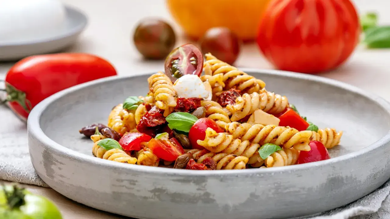 Ein köstlicher Nudelsalat mit Fusilli, Tomaten, Mozzarella und Basilikum. Perfekt für ein leichtes Mittagessen oder als Beilage. Ein tolles rezept nudelsalat!