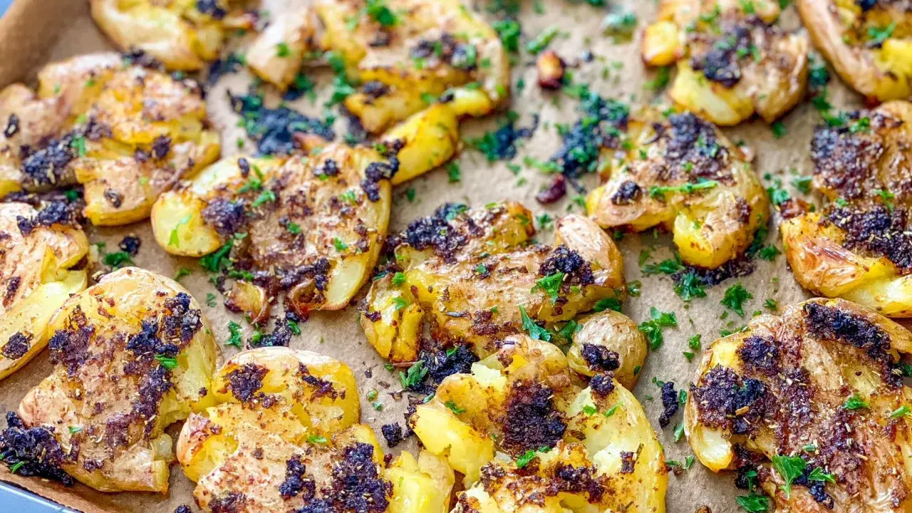 Knusprige, zerdrückte Pellkartoffeln vom Vortag mit Kräutern und Gewürzen, perfekt für leckere Rezepte.