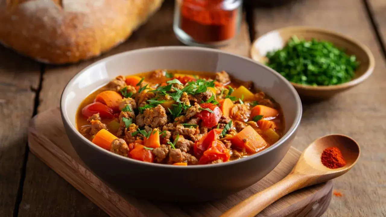 Herzhafte bauernpfanne mit kartoffeln und ei, garniert mit Petersilie. Daneben ein Brot und Gewürze.