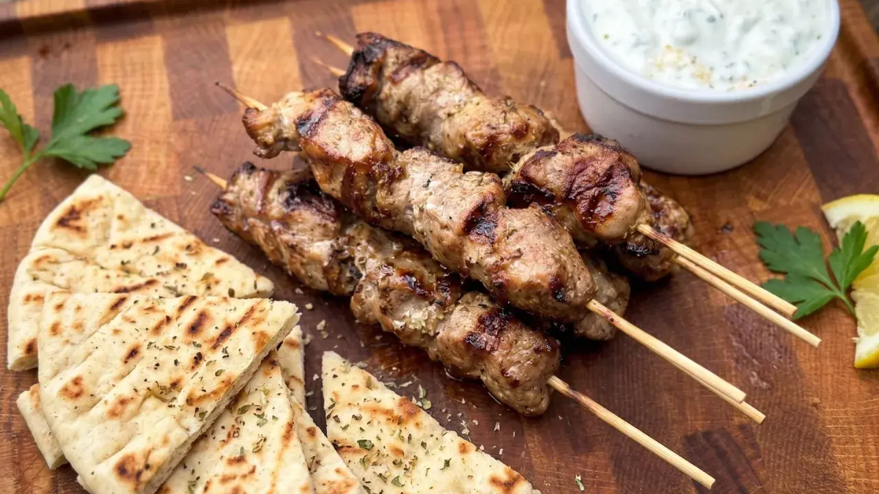 Gegrillte Souvlaki-Spieße mit Schweinefleisch, dazu Pitabrot, Tzatziki und Zitrone.