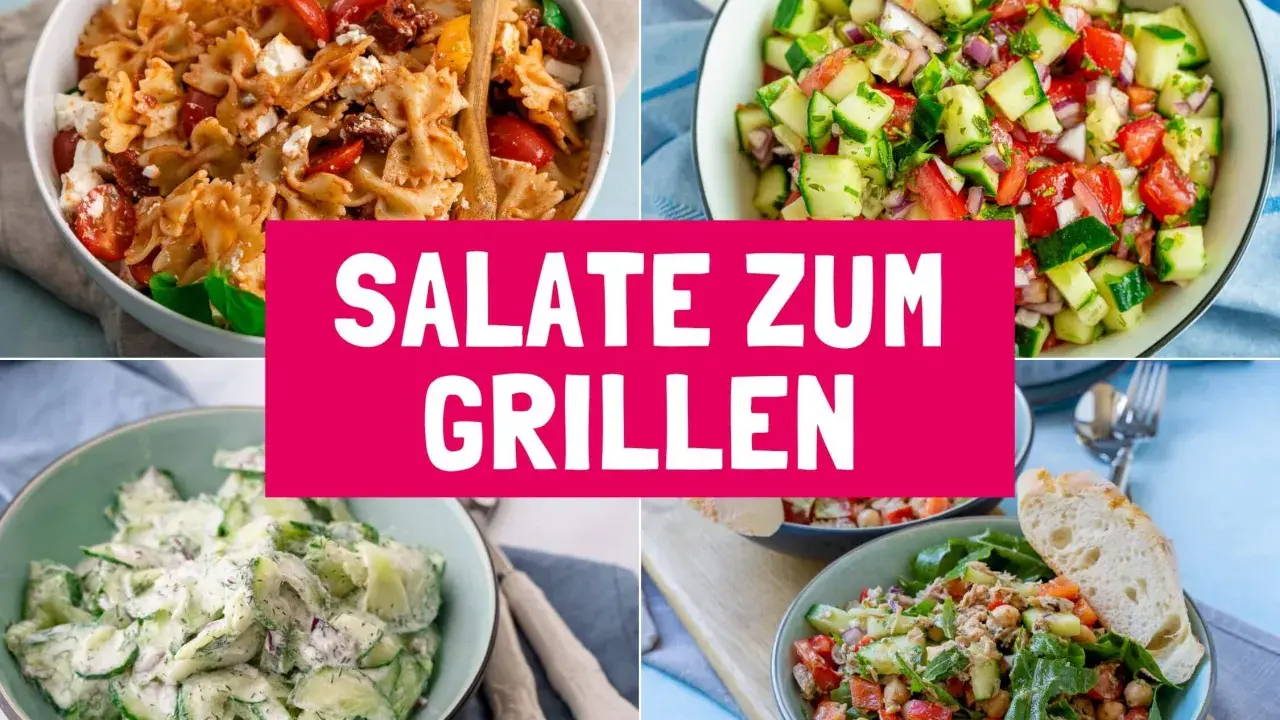 Vier leckere Salate für den Grill: Nudelsalat, Gurkensalat, Tomaten-Gurken-Salat und ein Thunfischsalat. Die 10 besten Salate für den Sommer.