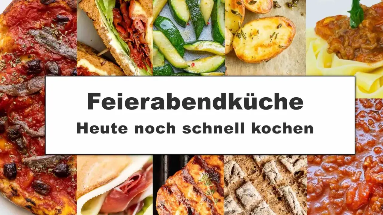 Collage mit Pizza, Sandwich, Zucchini, Kartoffeln, Pasta und Brot. Perfekt für schnelle Gerichte nach Feierabend.