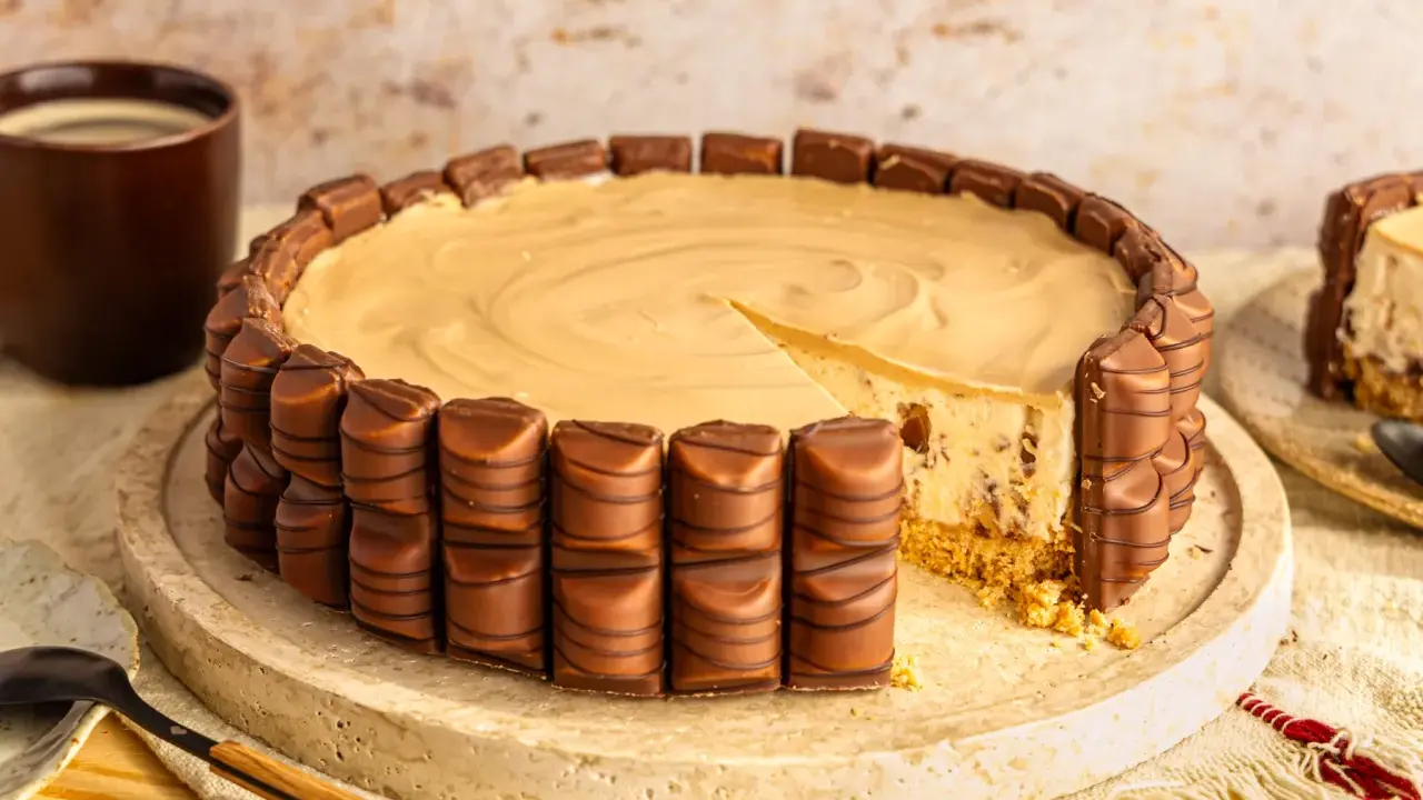 Eine köstliche Kinder Bueno Torte, umrandet von Schokoriegeln, mit einem Stück herausgeschnitten. Daneben eine Tasse Kaffee.