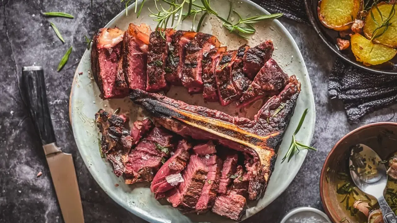 Saftiges, perfekt gegrilltes Bistecca alla Fiorentina, aufgeschnitten und mit Rosmarin garniert, daneben knusprige Kartoffeln.