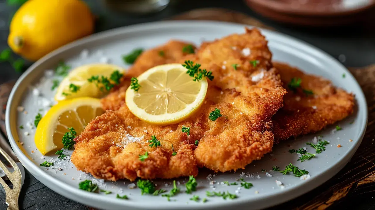 Ein knuspriges Wiener Schnitzel, garniert mit Zitronenspalten und Petersilie, wartet auf den Genuss.