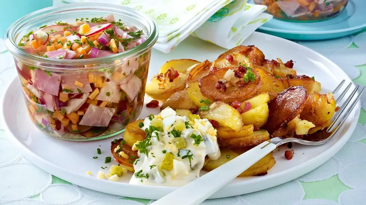 Herzhaftes Mittagessen nach Omas Rezepten: Bratkartoffeln mit Ei-Remoulade und deftiger Wurstsalat im Glas.