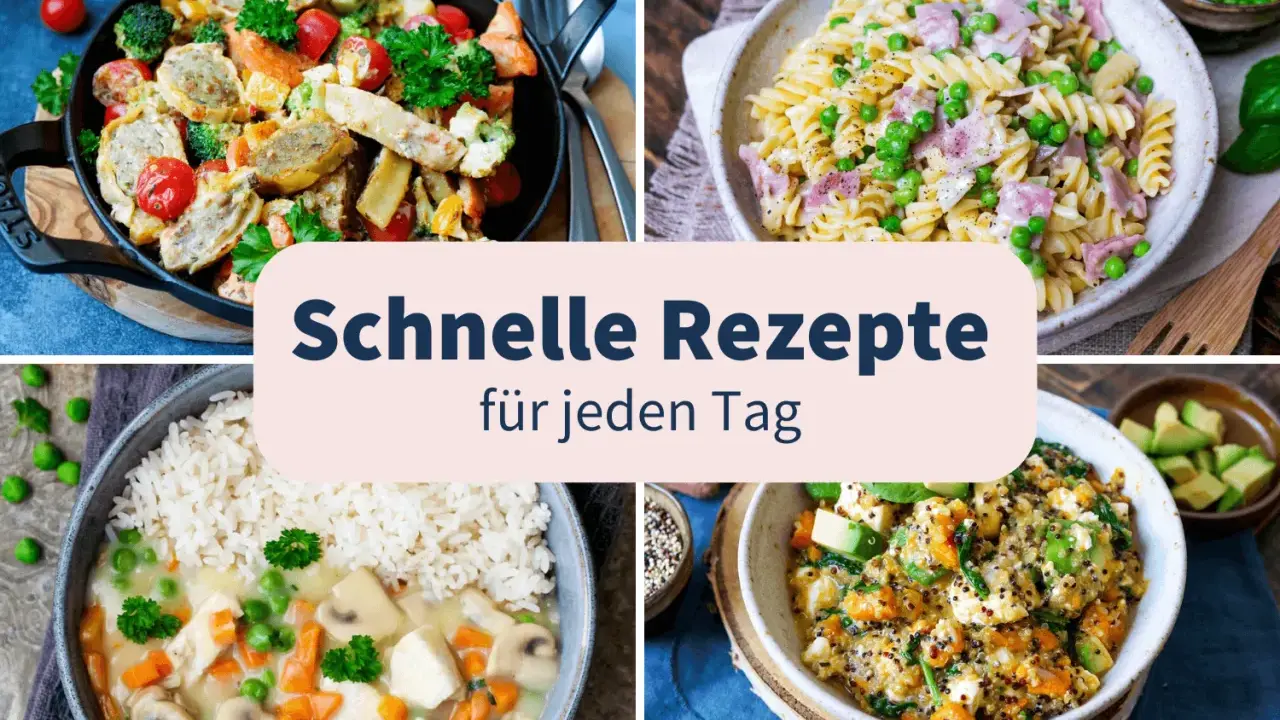 Vier leckere, leichte Sommergerichte: Pfanne mit Gemüse und Wurst, Nudeln mit Erbsen und Schinken, Hähnchen mit Reis und Pilzen, Quinoa-Bowl mit Avocado.