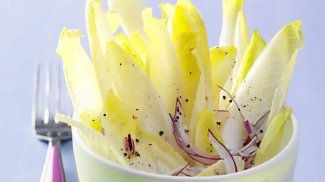 Frischer Chicorée Salat mit Orangen und roten Zwiebeln, gewürzt mit Pfeffer. Ein leichtes Gericht, das Lust auf mehr macht.