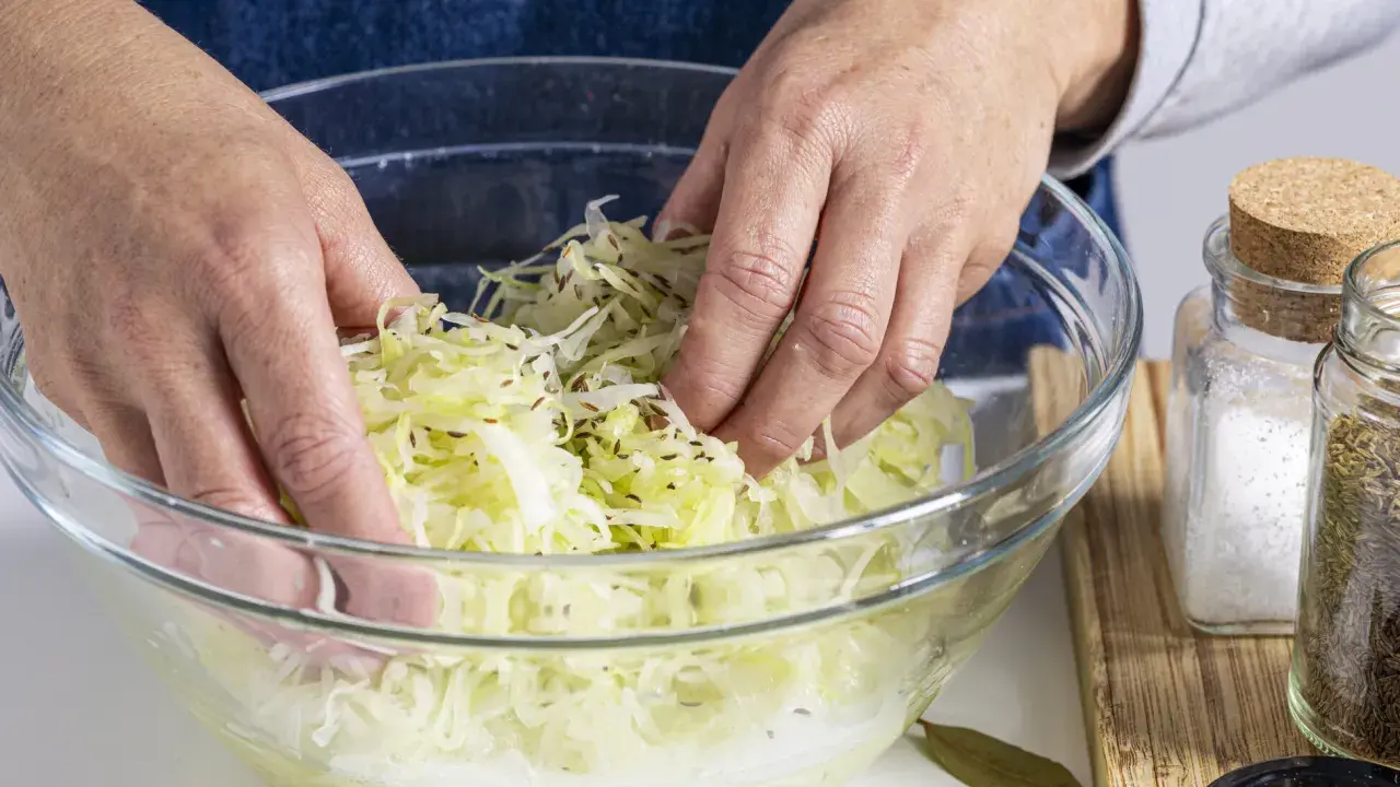 Hände mischen fein geschnittenen Weißkohl mit Kümmel in einer Glasschüssel. Ein Schritt im Sauerkraut Rezept.