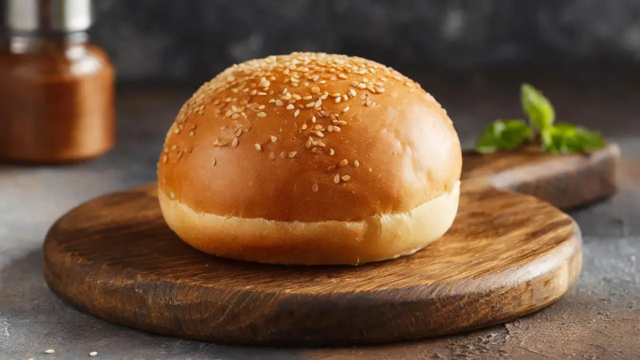 Ein goldbraunes Burgerbrötchen mit Sesam, bereit für das perfekte burger buns rezept.