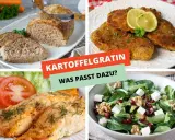 Vier Bilder zeigen Gerichte: Hackbraten, Schnitzel, Lachs und Salat. Was passt zu Kartoffelgratin vegetarisch?