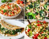 Vier leckere Gerichte: Couscous-Salat, Nudelpfanne mit Pilzen, gefüllter Crêpe und Kichererbsensalat. Perfekt für gesund kochen rezepte!