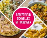 Vier leckere Gerichte für ein schnelles Mittagessen: Frikadellen mit Kartoffeln, Gulasch, Nudeln mit Schinken und Curry.