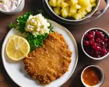 Ein knuspriges Wiener Schnitzel mit Preiselbeeren, Kartoffelsalat und Zitrone auf einem Teller. Daneben eine Schüssel mit Kartoffeln und eine kleine Schale mit Sauce.