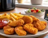 Knusprige chicken nuggets mit Pommes und Ketchup, perfekt aus der Heißluftfritteuse.