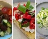 Leckeres Essen bei warmen Wetter: Hackbällchen mit Reis und Gurke, Bruschetta mit Tomaten und Mozzarella, Spaghetti mit Spargel und Zitrone.
