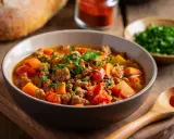 Herzhafte bauernpfanne mit kartoffeln und ei, garniert mit Petersilie. Daneben ein Brot und Gewürze.