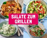 Vier leckere Salate für den Grill: Nudelsalat, Gurkensalat, Tomaten-Gurken-Salat und ein Thunfischsalat. Die 10 besten Salate für den Sommer.