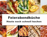 Collage mit Pizza, Sandwich, Zucchini, Kartoffeln, Pasta und Brot. Perfekt für schnelle Gerichte nach Feierabend.