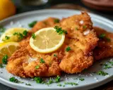 Ein knuspriges Wiener Schnitzel, garniert mit Zitronenspalten und Petersilie, wartet auf den Genuss.