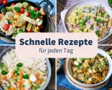 Vier leckere, leichte Sommergerichte: Pfanne mit Gemüse und Wurst, Nudeln mit Erbsen und Schinken, Hähnchen mit Reis und Pilzen, Quinoa-Bowl mit Avocado.