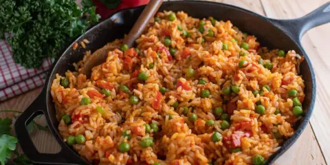 Djuvec Reis mit Erbsen und Paprika in einer Gusseisenpfanne, bereit zum Servieren.