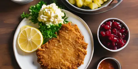Ein knuspriges Wiener Schnitzel mit Preiselbeeren, Kartoffelsalat und Zitrone auf einem Teller. Daneben eine Schüssel mit Kartoffeln und eine kleine Schale mit Sauce.