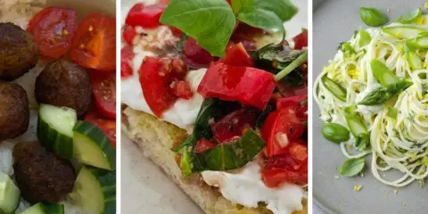 Leckeres Essen bei warmen Wetter: Hackbällchen mit Reis und Gurke, Bruschetta mit Tomaten und Mozzarella, Spaghetti mit Spargel und Zitrone.