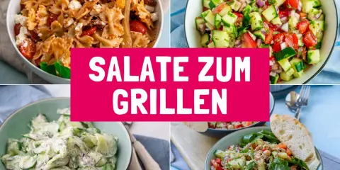 Vier leckere Salate für den Grill: Nudelsalat, Gurkensalat, Tomaten-Gurken-Salat und ein Thunfischsalat. Die 10 besten Salate für den Sommer.