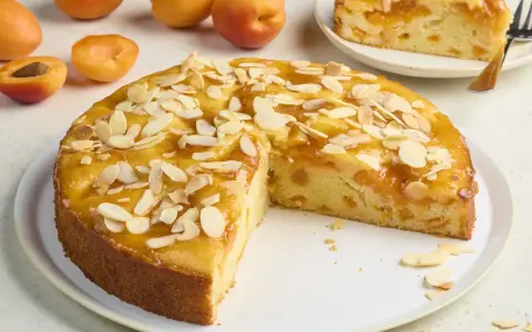 Saftiger aprikosenkuchen mit frischen aprikosen und Mandelblättchen bestreut, ein Stück auf einem Teller daneben.
