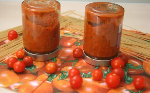 Zwei Gläser mit Tomatensoße, umgeben von frischen Tomaten und Spaghetti. Perfekt für die Tomaten haltbar machen.