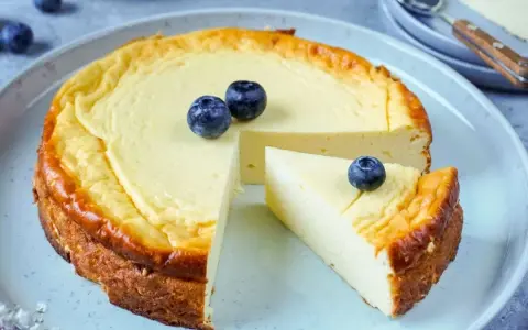 Ein cremiger Kuchen ohne Zucker, garniert mit frischen Blaubeeren. Ein Genuss für alle, die auf Süße verzichten möchten.
