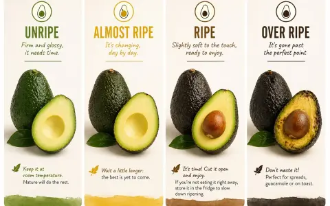 Avocados in verschiedenen Reifestadien: unreif, fast reif, reif und überreif. Tipps, wie man Avocados reifen lassen kann.